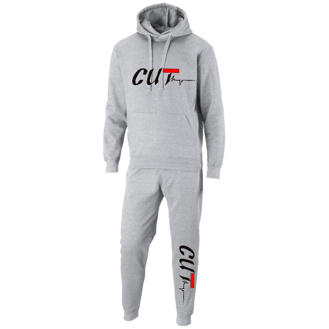 Light Grey pullover hoodie sweat suit with black logo