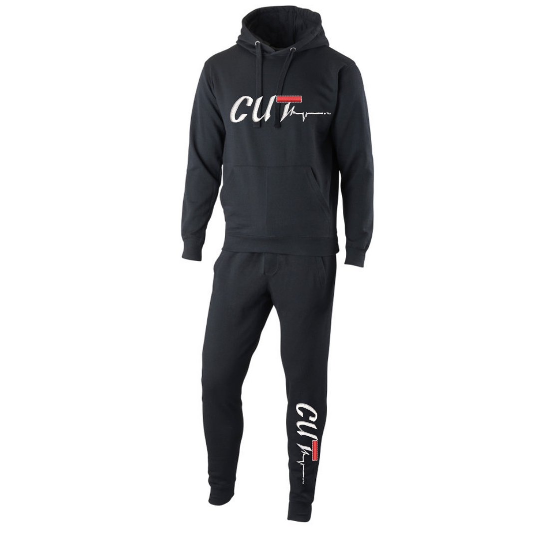 Black pullover hoodie sweat suit with white logo.